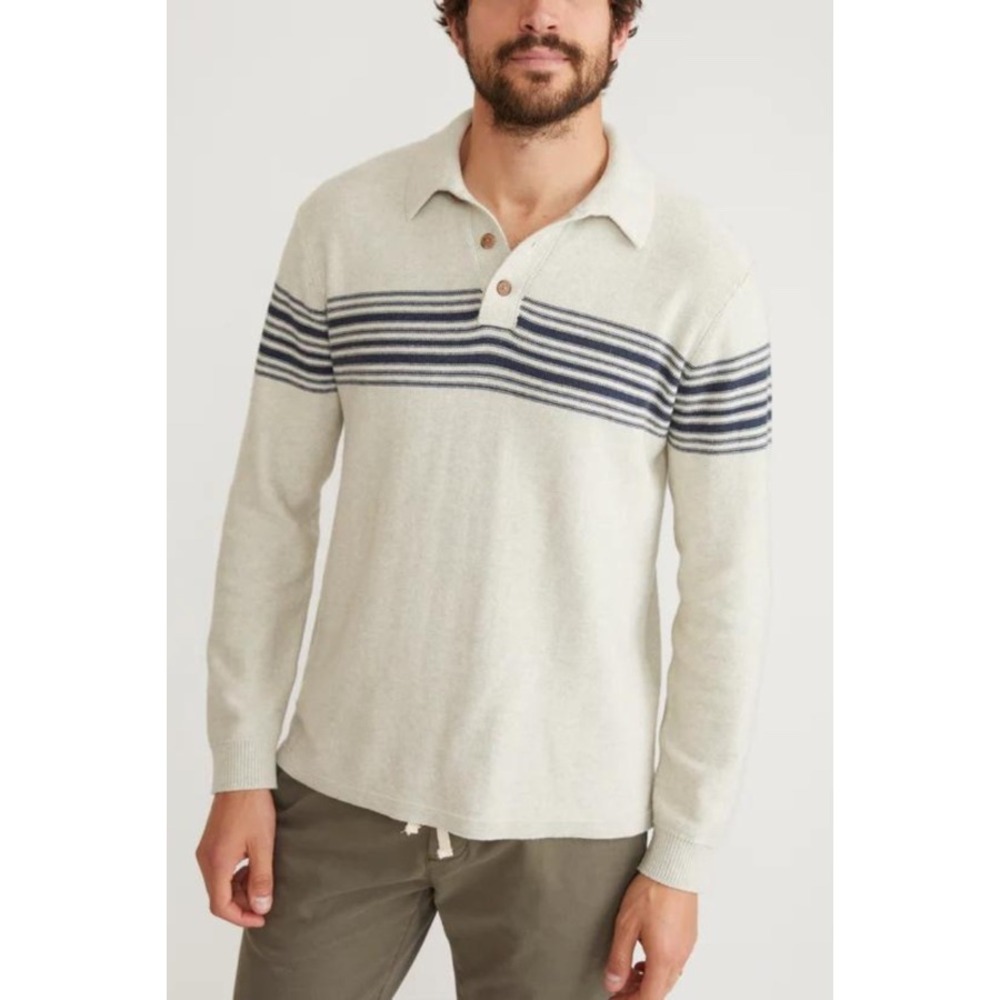 Marine Layer Ellias Stripe Sweater Polo Mens L Cotton Wool Coastal Preppy Sporty